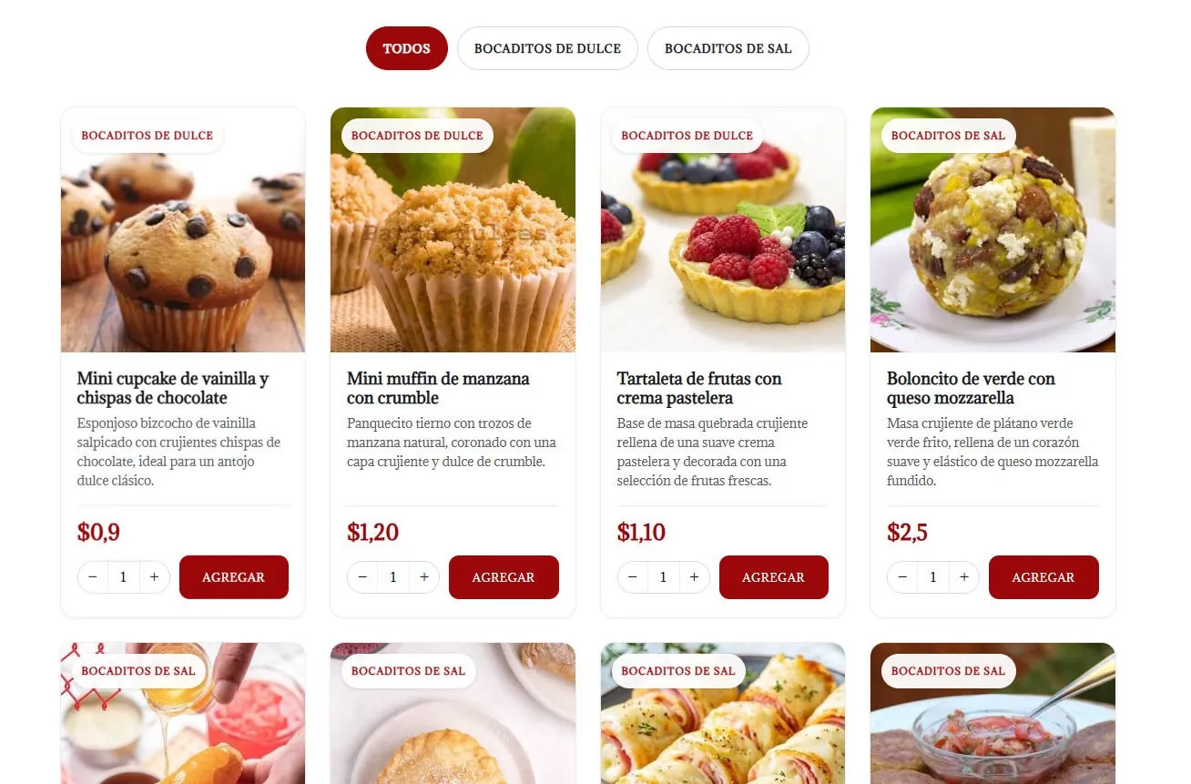 Catálogo de productos con categorías, precios y botón de agregar